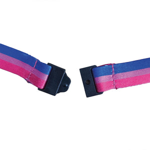 Close up of the safety break on a lanyard in the colours of the bisexual flag.