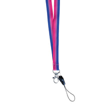 Load image into Gallery viewer, Lanyard in the colours of the bisexual flag with a dog clip attached to the bottom.
