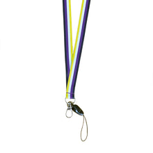 Load image into Gallery viewer, Lanyard in the colours of the non binary flag with a dog clip attached to the bottom.