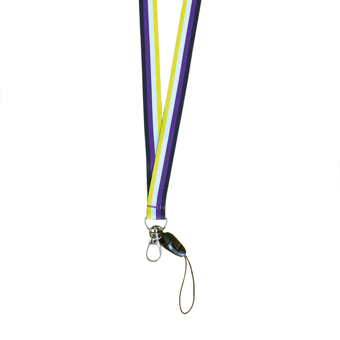 Lanyard in the colours of the non binary flag with a dog clip attached to the bottom.