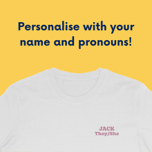 Load image into Gallery viewer, Personalise with your name and pronouns! Gif of white crew neck shirt with changing names and pronouns on it.
