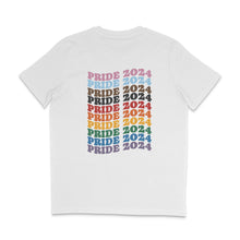 Load image into Gallery viewer, Back of a white crew neck t shirt with PRIDE 2024 repeated ten times in a column, each line being a colour from the Progress Pride Flag