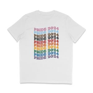 Back of a white crew neck t shirt with PRIDE 2024 repeated ten times in a column, each line being a colour from the Progress Pride Flag