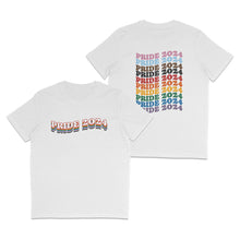 Load image into Gallery viewer, Front and back of a white crew neck t shirt. On the front (left shirt) is retro style typography reading PRIDE 2024. On the back (right shirt) is PRIDE 2024 repeated ten times in a column, each line being a colour from the Progress Pride Flag