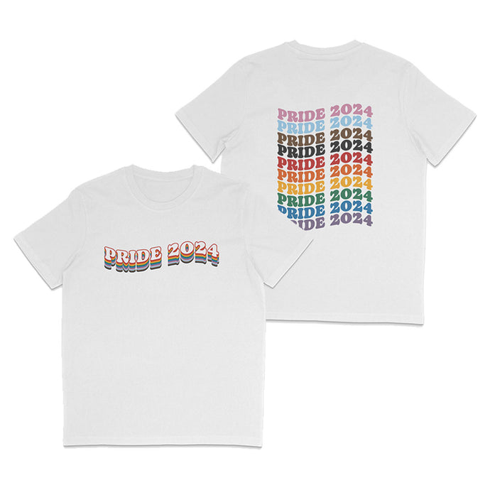 Front and back of a white crew neck t shirt. On the front (left shirt) is retro style typography reading PRIDE 2024. On the back (right shirt) is PRIDE 2024 repeated ten times in a column, each line being a colour from the Progress Pride Flag