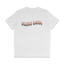 Load image into Gallery viewer, Front of a white crew neck t shirt with retro style typography reading PRIDE 2024 in all the colours of the progress pride flag.