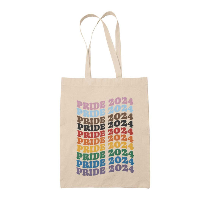 Natural coloured tote bag on a white background. Print on the bag is retro style typography reading Pride 2024 repeated 10 times, each line is a different colour of the Progress Pride Flag.