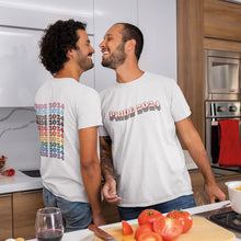 Load image into Gallery viewer, Gay couple in their kitchen both wearing the same Pride 2024 crew neck t shirt from Rainbow &amp; Co