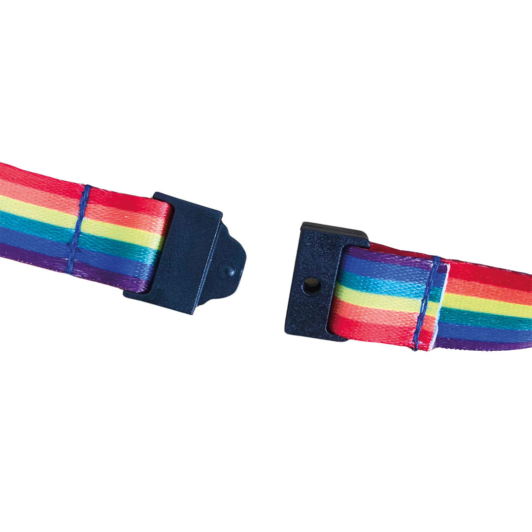 Close up of the safety break on a lanyard in the colours of the intersex inclusive progress flag.