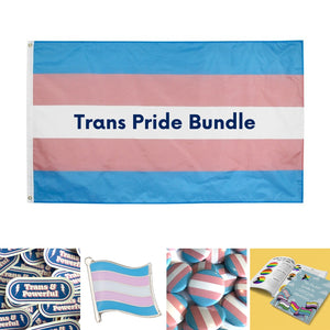 Trans Pride Bundle with Transgender Flag, Sticker, Enamel Pin, Badge, and Pocket Guide to LGBTQIA+ Identities