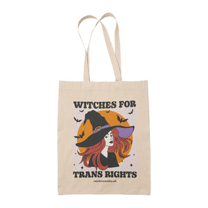 Natural cotton tote bag featuring the slogan Witches for Trans Rights with an illustrated graphic of a witch with bats flying around her hat