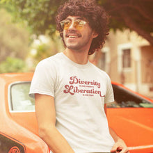 Load image into Gallery viewer, Retro style photo of a man with dark curly hair and vintage sunglasses wearing a Diversity is our Strength retro pride shirt from Rainbow &amp; Co