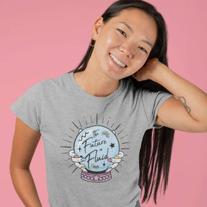 Young Woman Wearing The Future Is Fluid T Shirt | Rainbow & Co