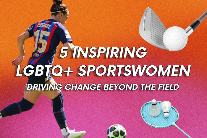 Graphic featuring footballer Lucy Bronze mid-action in her kit, alongside a golf club and ball, and a badminton racket with shuttlecocks, set against an orange-to-pink gradient background. Bold white text reads: “5 Inspiring LGBTQ+ Sportswomen – Driving C