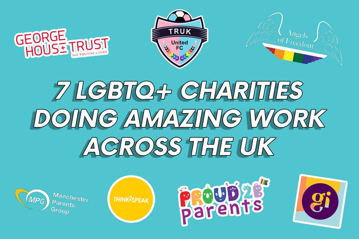 A bright graphic featuring the logos of seven LGBTQ+ charities, with the title 
