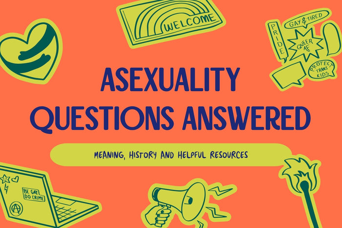 Illustrated blog graphic with the text “Asexuality Questions Answered” and “Meaning, History and Helpful Resources”, surrounded by queer-themed icons including a heart, laptop, megaphone, stickers and a welcome mat.
