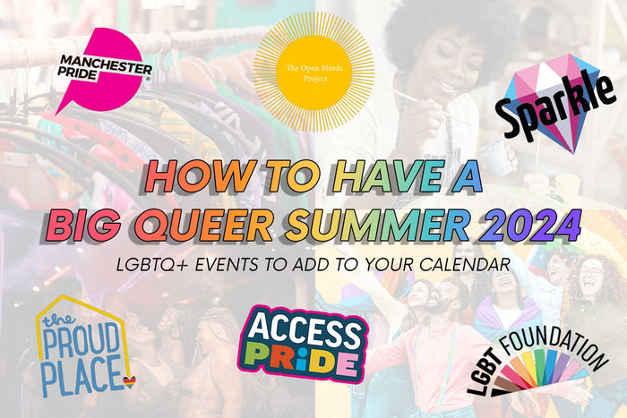 Background shows people pottery painting, celebrating pride, dancing, and a vintage clothes market. Text reads How To Have A Big Queer Summer 2024 - LGBTQ+ Events To Add To Your Calendar. Logos include Sparkle, Access Pride, The Proud Place and more