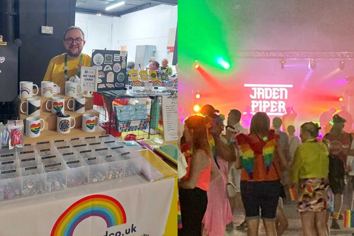 On the left is an image of Adam stood behind the Rainbow & Co stall at Blackpool Pride 2023, on the stall you can see pride mugs, badges, stickers and pin. On the right is a view of the stage at Blackpool Pride 2023.