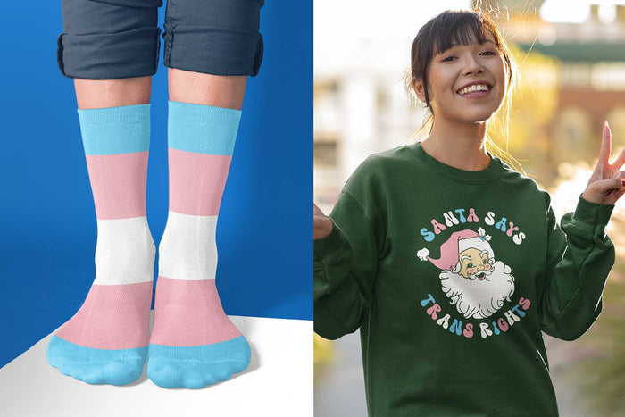 On the left is an image of some tube socks in the colours of the transgender flag, on the right is a younf woman wearing a green 'Santa Says Trans Rights' christmas jumper.