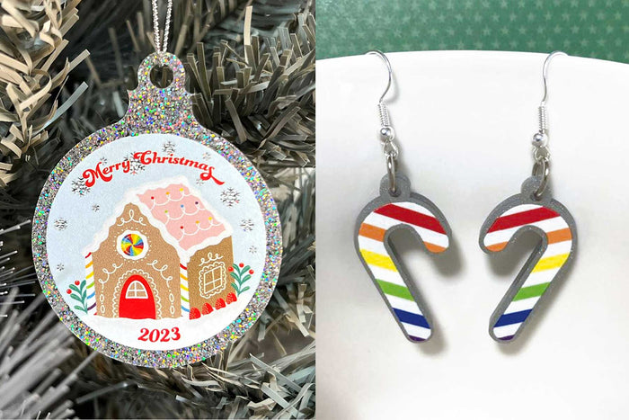 Left image shows a 2023 Rainbow & Co christmas bauble and right image shows a pair of Rainbow Candy Cane Earrings