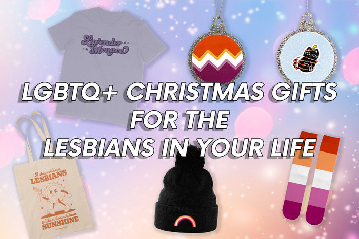 Festive collage showcasing LGBTQ+ Christmas gifts for lesbians, including a 'Lavender Menace' t-shirt, colourful baubles, a tote bag reading 'A day without lesbians is like a day without sunshine,' a black bobble hat with a rainbow embroidery, and lesbian