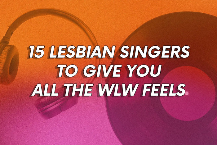 A graphic with an orange-to-pink gradient background featuring a vinyl record on the right and a pair of headphones on the left. Bold white text in the centre reads: “15 Lesbian Singers to Give You All the WLW Feels.