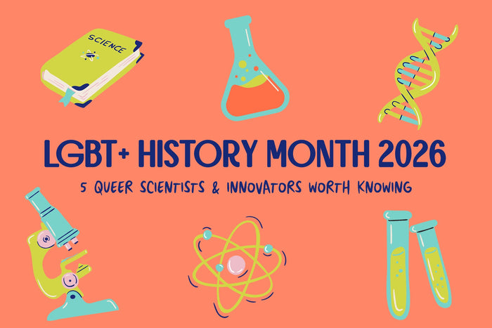 Illustrated banner on a coral background reading “LGBT+ History Month 2026” and “5 Queer Scientists & Innovators Worth Knowing”, surrounded by colourful science icons including a microscope, DNA helix, test tubes, a chemistry flask, an atom and a science 