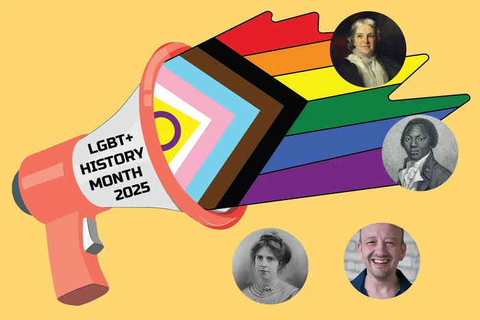 A colourful graphic for LGBT+ History Month 2025 featuring a megaphone with the Progress Pride flag bursting out. Circular images show key figures being celebrated: Octavia Hill, Annie Kenney, Olaudah Equiano, and Charlie Kiss.