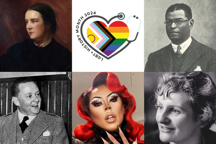 Image of 5 Queer Medical Professionals for LGBT History Month 2024. Clockwise from top left: Sophia Jex-Blake, Cecil Belfield Clarke, Margaret Stacey, George Ward/Cherry Valentine, and Ewan Forbes.