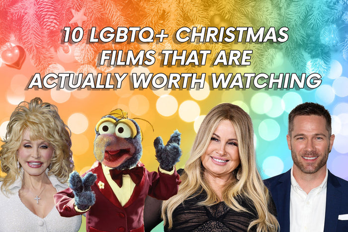 10 LGBTQ+ Christmas Films That Are Actually Worth Watching alongside images of Dolly Parton, Gonzo, Jennifer Coolidge, and Luke MacFarlane