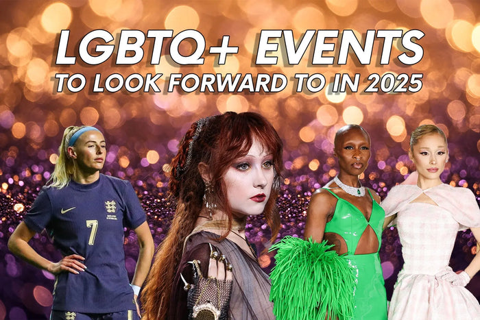 A banner showcasing four prominent women from left to right: Chloe Kelly, dressed in her England football kit, representing sports excellence; Chappell Roan, styled with red hair and gothic-inspired makeup, symbolising musical creativity; Cynthia Erivo, w