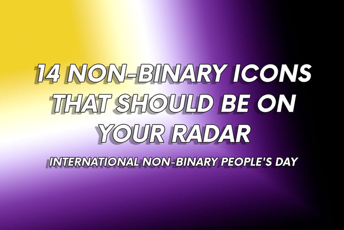 A graphic featuring a bold title that reads “14 Non-Binary Icons That Should Be On Your Radar” with the subtitle “International Non-Binary People’s Day.” The background is a smooth gradient of the non-binary pride flag colours: yellow, white, purple, and 
