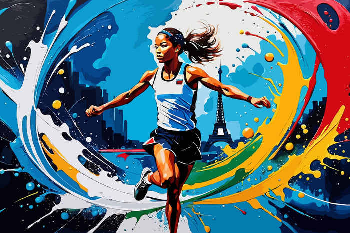 Colourful abstract art depicting a woman running with the Eiffel tower behind her. Paris Olympics 2024