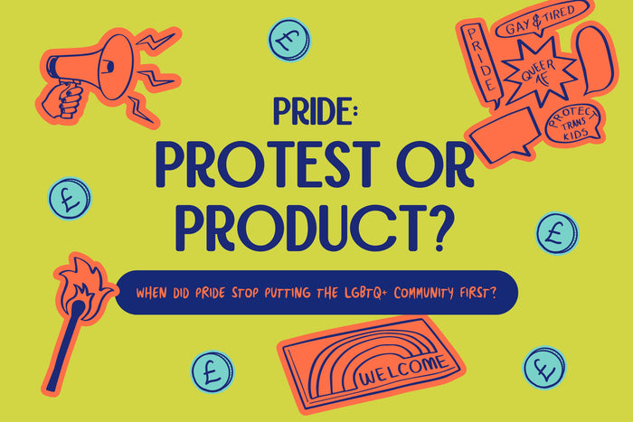 Colourful graphic reading “Pride: Protest or Product? When did Pride stop putting the LGBTQ+ community first?” surrounded by a megaphone, protest signs, pound coins, a burning match and a rainbow welcome mat.