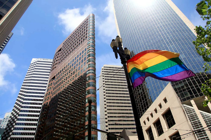 Gay Pride Flag against modern background in the city of San Francisco