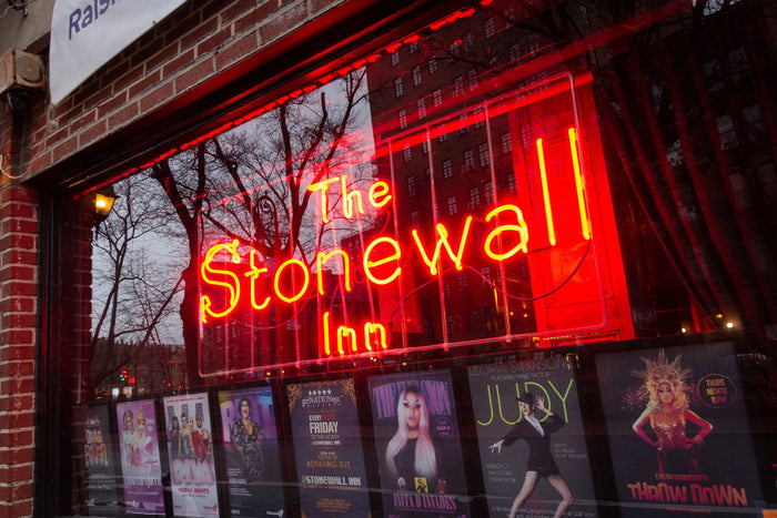 The glowing red neon sign of The Stonewall Inn, displayed in the window of the historic LGBTQ+ bar in New York City. Posters for drag shows and queer events line the bottom of the window, while reflections of nearby buildings and bare trees are visible in