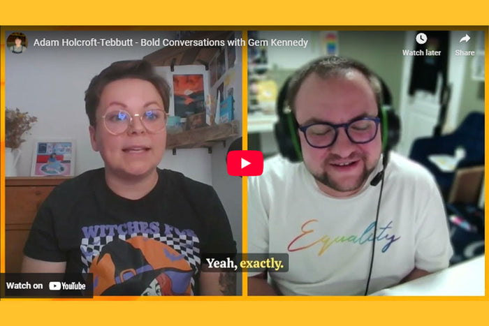 Screenshot from the Bold Conversations podcast featuring host Gem Kennedy on the left, and guest Adam Holcroft-Tebbutt on the right wearing a white “Equality” T-shirt and headset, both smiling and mid-conversation.