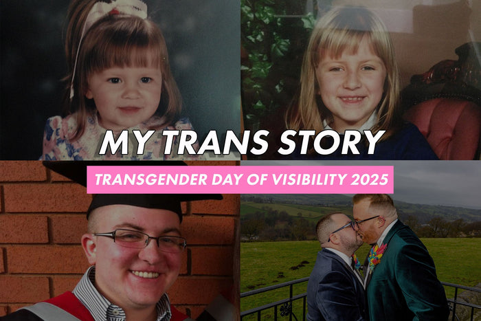 A collage-style featured image with the title “My Trans Story” and a banner reading “Transgender Day of Visibility 2025.” The image includes four photos of Adam, founder of Rainbow & Co, at different life stages: a toddler in a floral dress, a school port