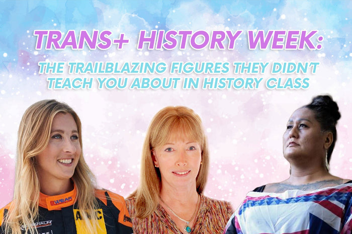 Header graphic for a blog titled “Trans+ History Week: The Trailblazing Figures They Didn’t Teach You About in History Class.” It features three trans+ figures: Charlie Martin on the left in a racing suit, Lynn Conway in the centre with straight blonde ha