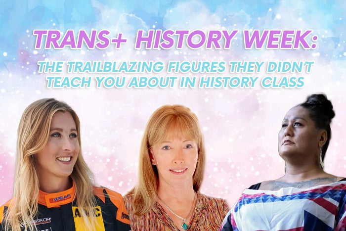 Header graphic for a blog titled “Trans+ History Week: The Trailblazing Figures They Didn’t Teach You About in History Class.” It features three trans+ figures: Charlie Martin on the left in a racing suit, Lynn Conway in the centre with straight blonde ha