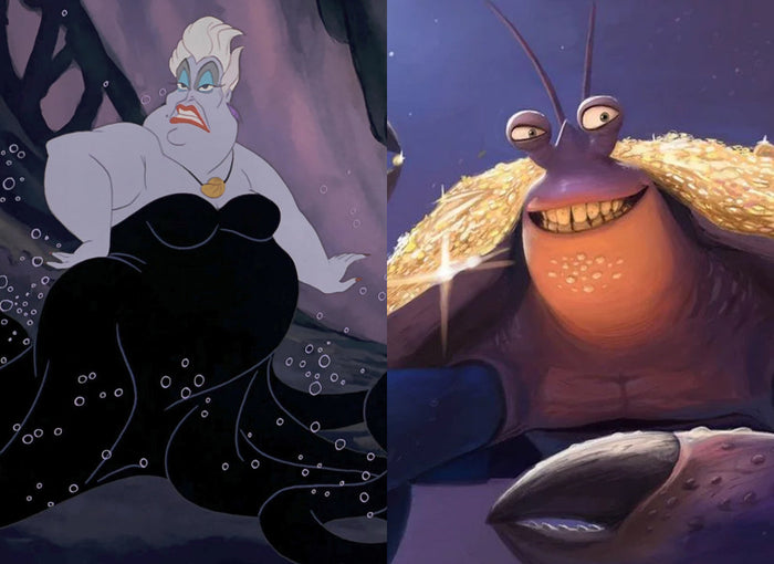 On the left is Ursula, the wicked sea witch from Disney's The Little Mermaid, and on the right is Tamatoa, the villain from Disney's Moana
