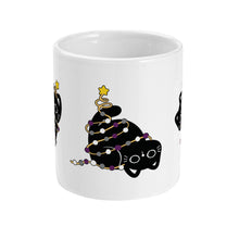 Load image into Gallery viewer, A white ceramic mug featuring a cute black cat wrapped in festive asexual-themed Christmas lights with purple, black, grey, and white bulbs. The cat is playfully tangled, resembling a Christmas tree with a star on top.