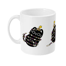 Load image into Gallery viewer, Side view of a white ceramic mug showing the black cat wrapped in asexual-themed Christmas lights, with a star on its head and festive bulbs, adding a seasonal touch.