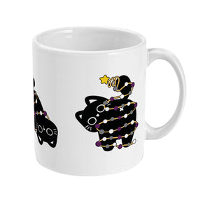 Right side view of a white ceramic mug displaying the black cat in a curled pose, wrapped in Christmas lights with asexual pride colours. The star-topped cat's tail is up in a playful manner.