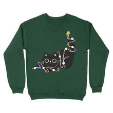 Load image into Gallery viewer, A bottle green Christmas jumper showcasing a playful black cat wrapped in holiday lights. The lights are in the asexual pride colours (black, grey, white, and purple). The design is understated, perfect for the festive season.