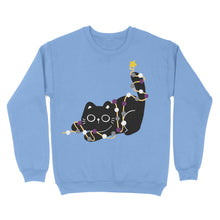 Load image into Gallery viewer, A cornflower blue Christmas jumper displaying a cute black cat entangled in lights with a star on its tail. The lights incorporate the asexual pride colours (black, grey, white, and purple), adding a subtle and festive look.