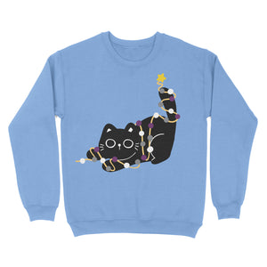 A cornflower blue Christmas jumper displaying a cute black cat entangled in lights with a star on its tail. The lights incorporate the asexual pride colours (black, grey, white, and purple), adding a subtle and festive look.