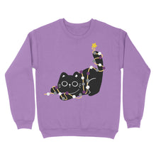 Load image into Gallery viewer, A digital lavender Christmas jumper with a black cat playfully wrapped in Christmas lights. The lights display the asexual pride colours (black, grey, white, and purple), making it a subtly festive and cosy option for the holidays.