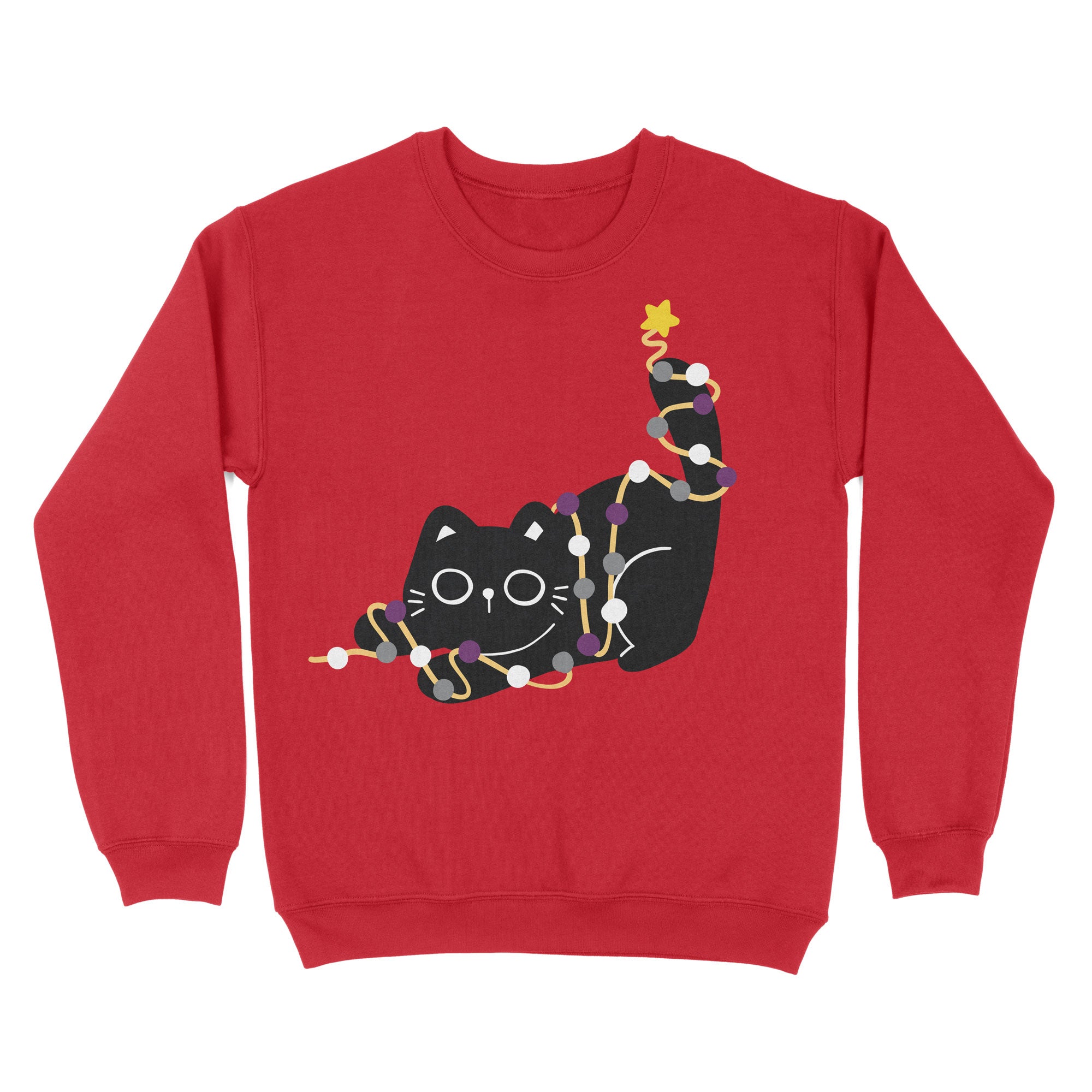 A fire red Christmas jumper featuring a black cat tangled in string lights decorated with asexual pride colours (black, grey, white, and purple). The festive cat design is both charming and understated.