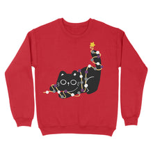 Load image into Gallery viewer, A fire red Christmas jumper featuring a black cat tangled in string lights decorated with asexual pride colours (black, grey, white, and purple). The festive cat design is both charming and understated.